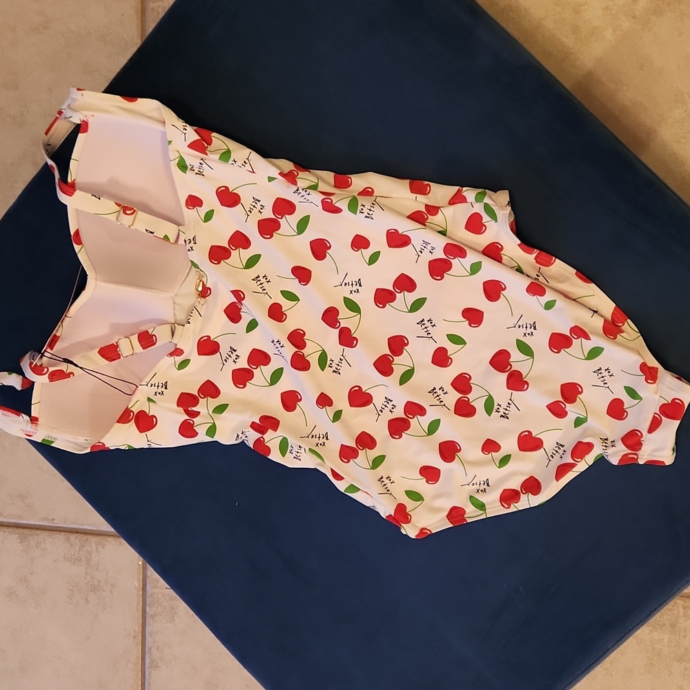 Betsey Johnson White and Red Cherry Print One Piece Swimsuit Small Size Push Up - Picture 12 of 14